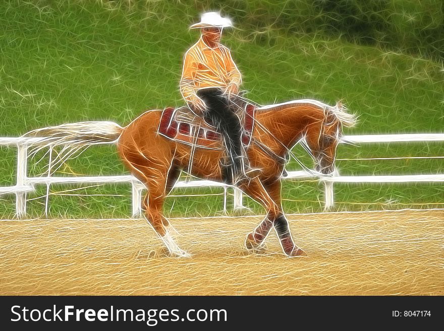 A fractal render of man riding horse in western style. A fractal render of man riding horse in western style.