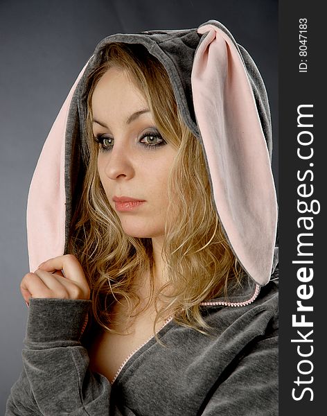 Girl in Bunny costume is thinking