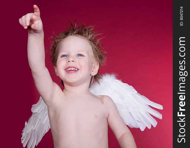 Angel laughing and pointing with red background. Angel laughing and pointing with red background