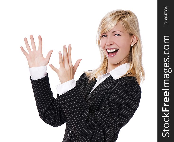 Young happy blond business woman, isolated on white
