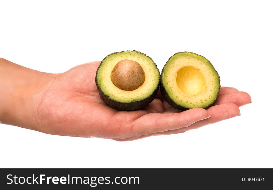Halves of avocado on palm