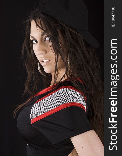 Beautiful  brunette model wearing a sexy footbal uniform. Beautiful  brunette model wearing a sexy footbal uniform