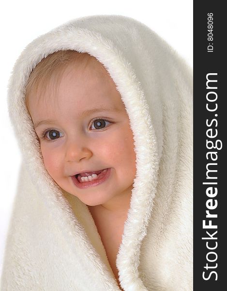 Head of  little girl in  white towel. Head of  little girl in  white towel