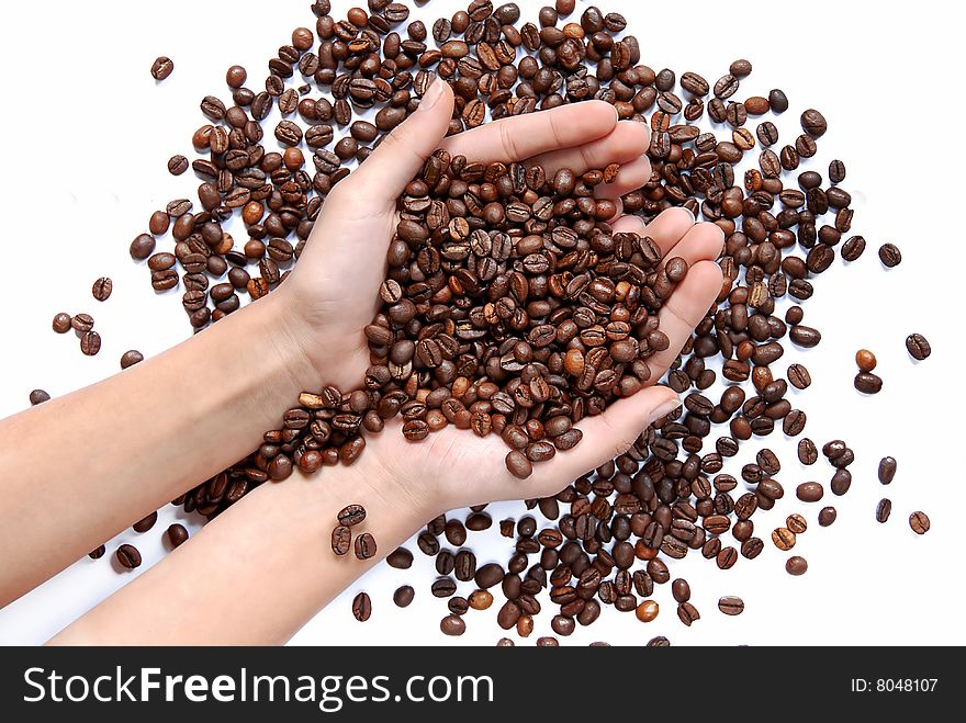 Female hands full of coffee beans over white background. Female hands full of coffee beans over white background