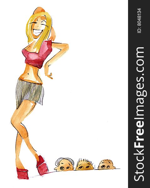 Illustration of cute pretty blonde girl and men looking. Illustration of cute pretty blonde girl and men looking