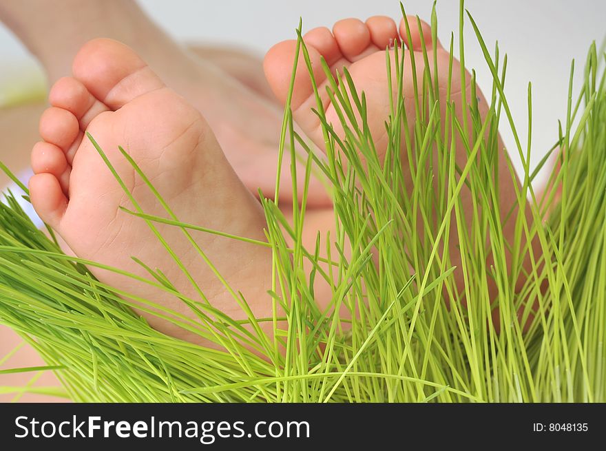 Foot of baby and  green grass