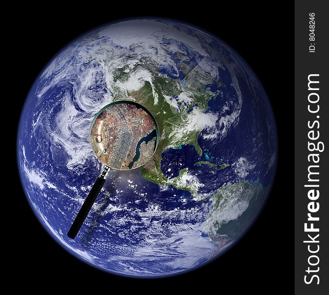 Conceptual image of a magnifying-glass over an world globe. Conceptual image of a magnifying-glass over an world globe