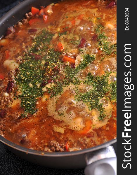 Vegetables with spices and  mincemeat. Vegetables with spices and  mincemeat