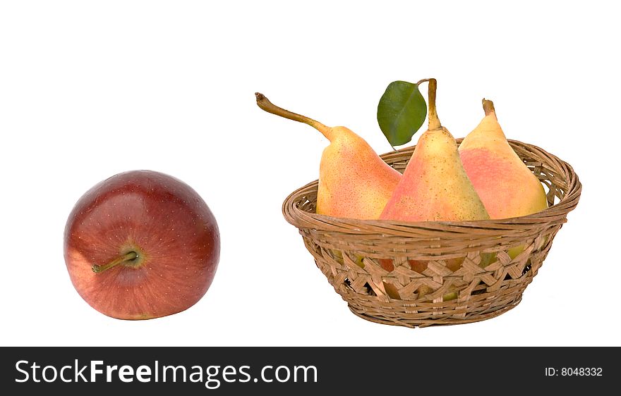 Three pears in basket and red apple. Three pears in basket and red apple