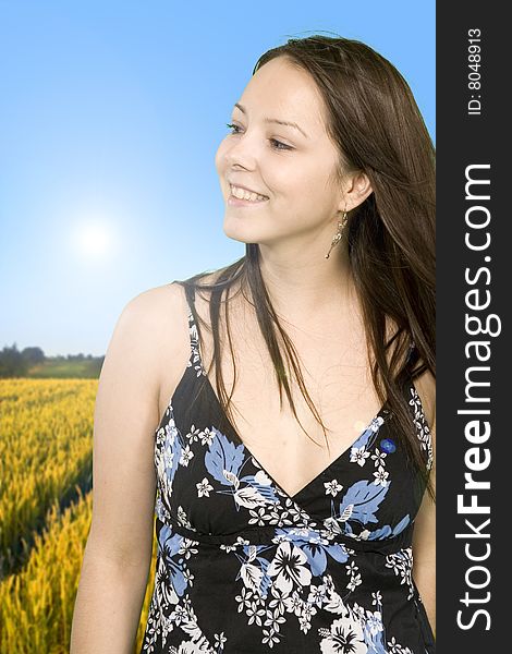 Medium shot of beautiful girl in Wheat field