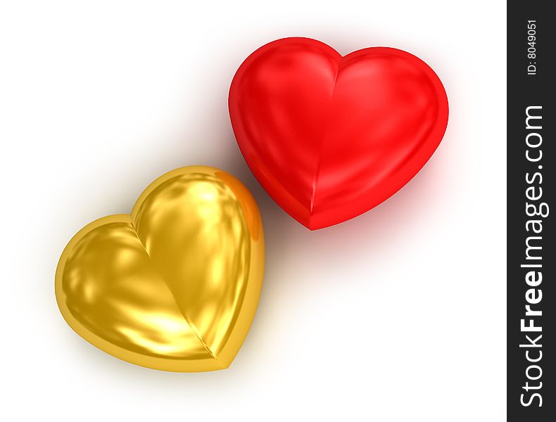 Two hearts gold and red. Isolated on white