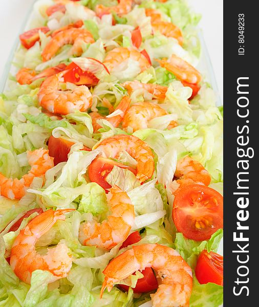 Shrimp salad in a glass dish