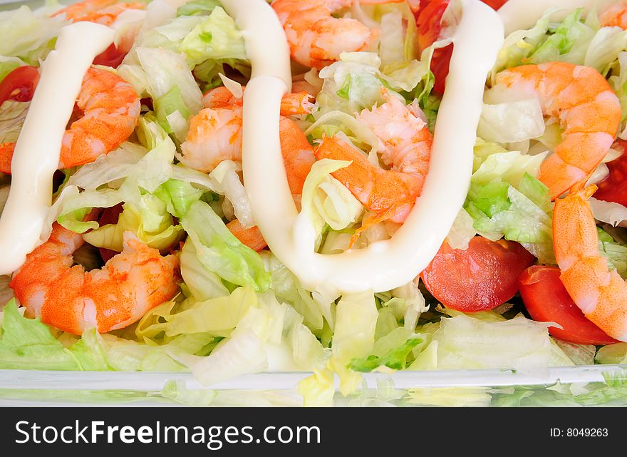 Shrimp salad in a glass dish