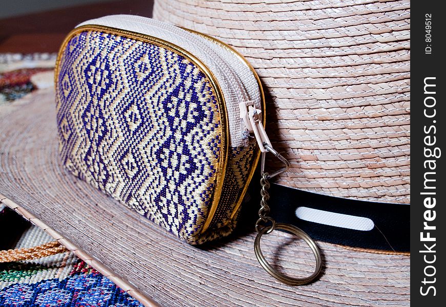 A native hat and a pouch. A native hat and a pouch