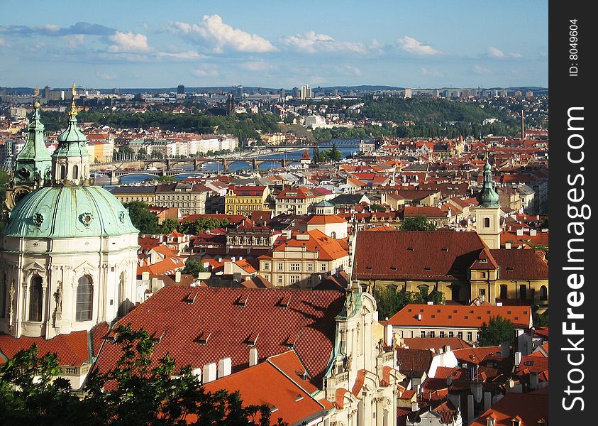 A picture taken from Praguer Castle to old town with St. Nikolas cathedral. A picture taken from Praguer Castle to old town with St. Nikolas cathedral