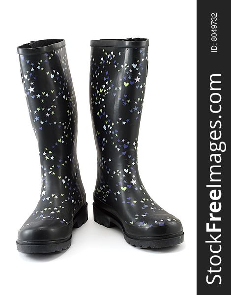 Rubber boots, black, insulated on white background. Rubber boots, black, insulated on white background