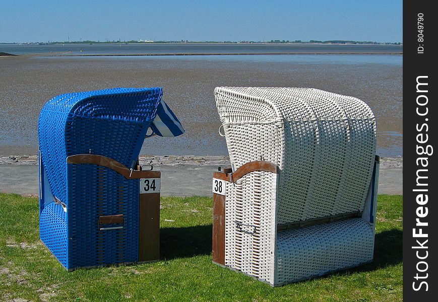 Blue and white beach chair in Eckwarderhorne, Gemany