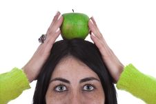 Woman Holding Healthy Green Apple Above The Head Stock Photo Woman Holding Healthy Green Apple Above The Head Stock Photo