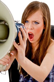 Front View Of Female Shouting In Loudspeaker Royalty Free Stock Images Front View Of Female Shouting In Loudspeaker Royalty Free Stock Images