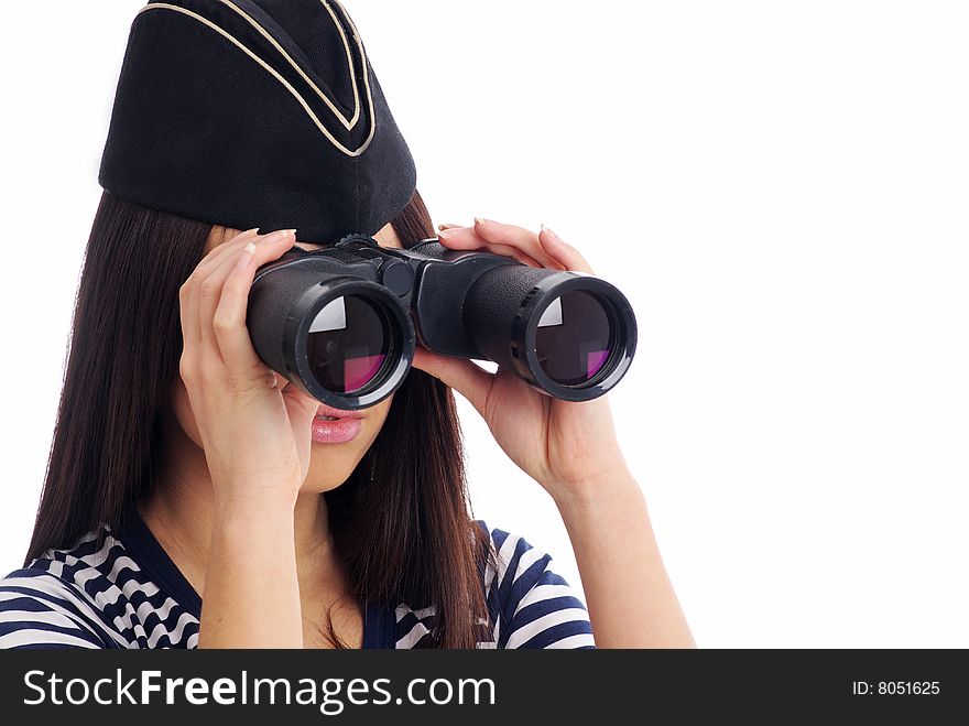 Woman looking through binoculars isolated on white