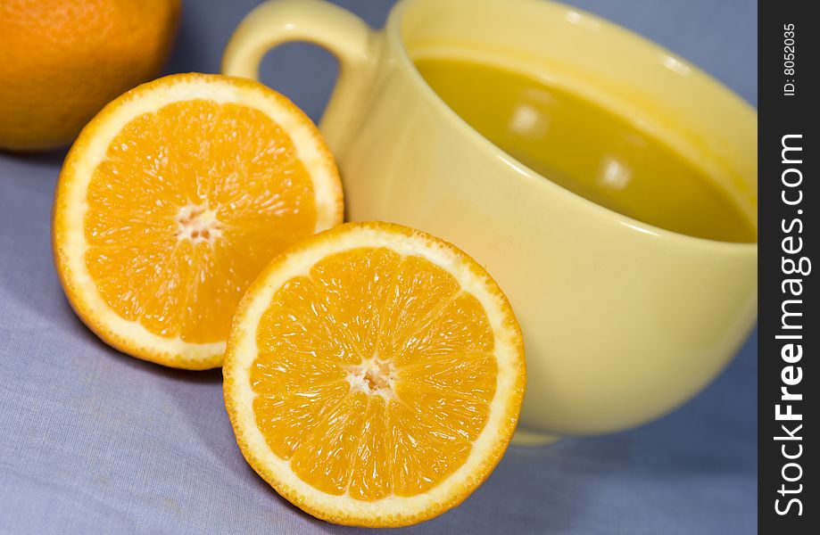 Fresh juicy oranges and orange juice. Fresh juicy oranges and orange juice