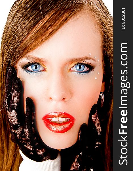 Close up of model looking at camera on an isolated white background