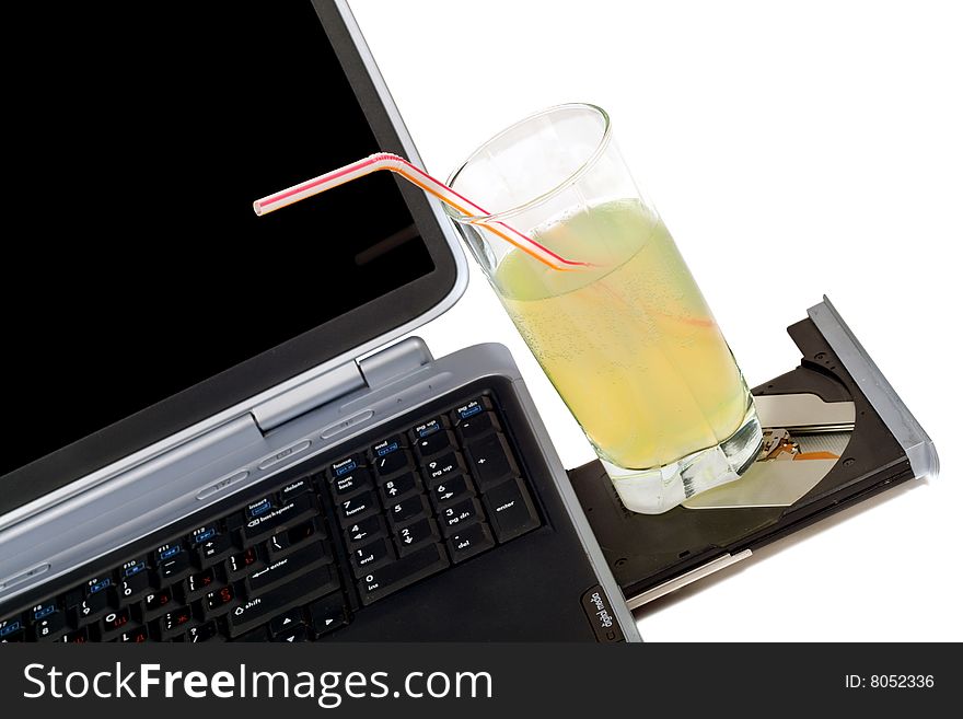 The laptop and cocktail. Isolated on white