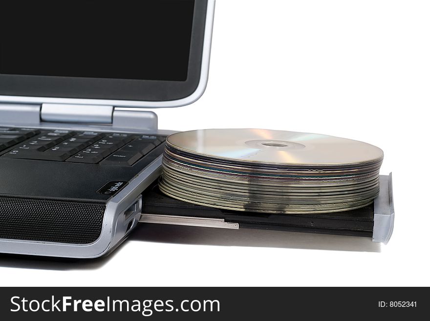 Laptop with overloaded DVD Drive. Isolated on white background