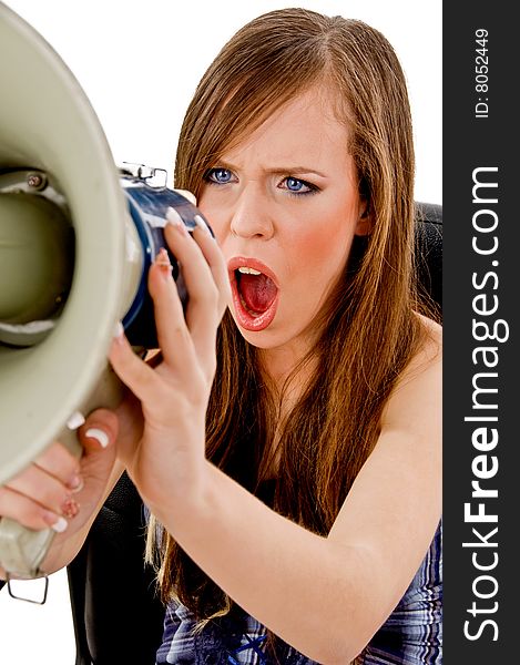 Front view of female shouting in loudspeaker on an isolated background