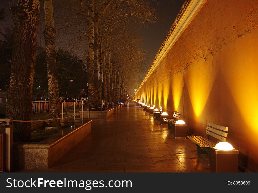Corridor outside the Forbidden City at night
