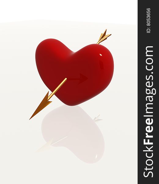 Red 3d heart pierced by golden arrow. Red 3d heart pierced by golden arrow