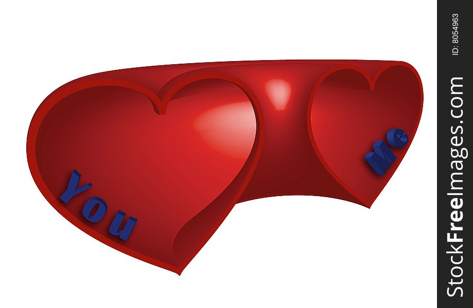 A picture of two red outline connected hearts with 3d effect. It's symbolize a bond of people in love. There is two sign: you and me - lovers. A picture of two red outline connected hearts with 3d effect. It's symbolize a bond of people in love. There is two sign: you and me - lovers.