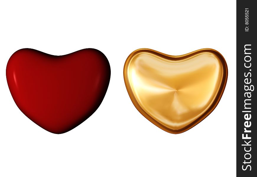 3d red and golden hearts symbol isolated on white
