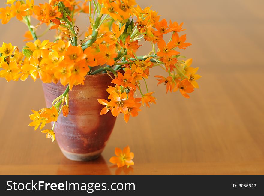 Flowers in a brown ceramic vase on a wooden background. Flowers in a brown ceramic vase on a wooden background