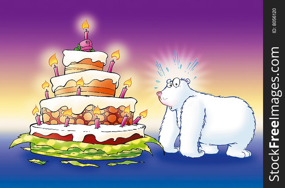Polar white bear with birthday cake. Polar white bear with birthday cake