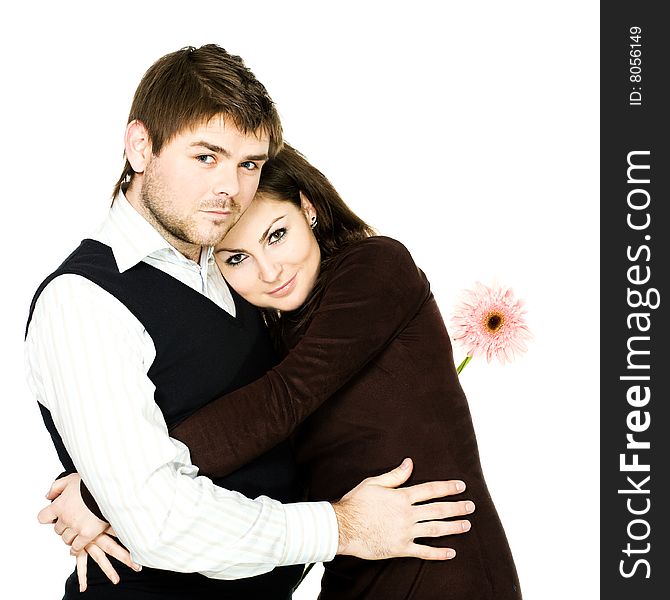 Stock photo: love theme: a portrait of a man and a woman with flower. Stock photo: love theme: a portrait of a man and a woman with flower