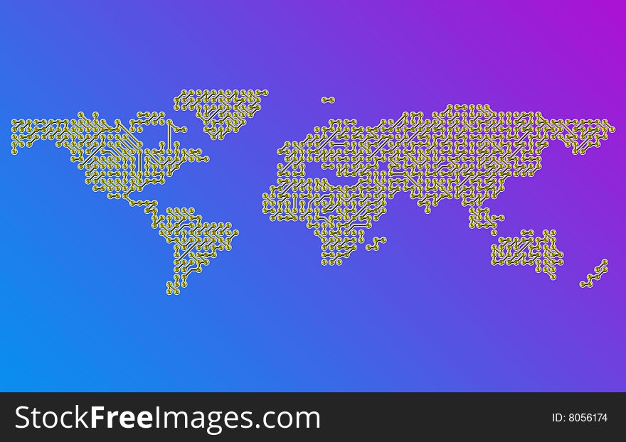 A world map made up of electrical circuits. A world map made up of electrical circuits