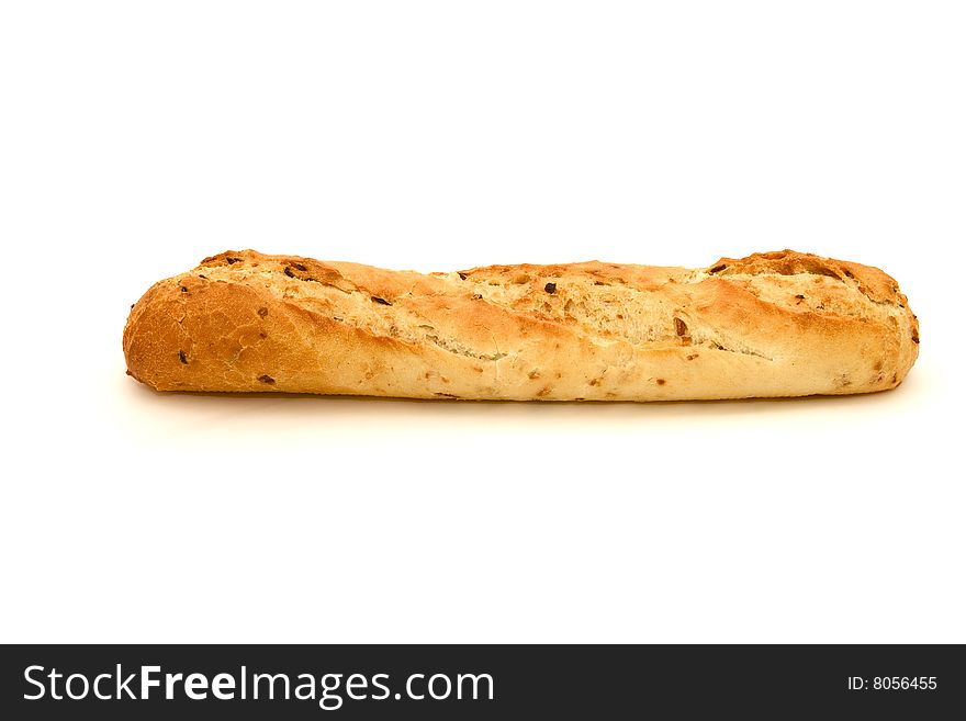 Long loaf. French bread on a white background. Long loaf. French bread on a white background