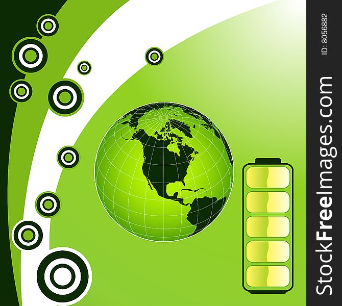 Vector green energy recycling planet earth with battery illustration.