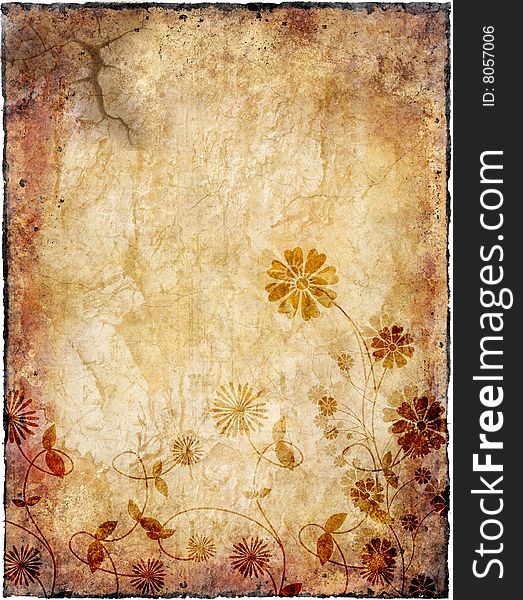 Abstract grunge background with floral, stains, cracks, filigree