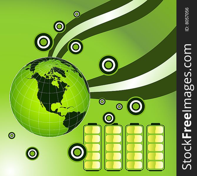Vector green energy recycling planet earth with battery illustration.