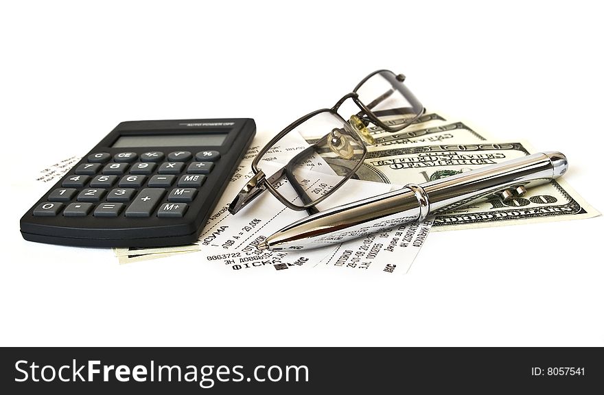 Silver pen, checks and dollars on white background. Silver pen, checks and dollars on white background