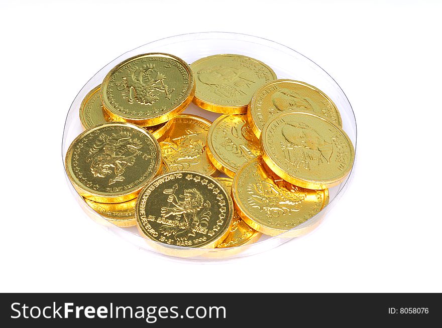 Gold coins isolated on white background.