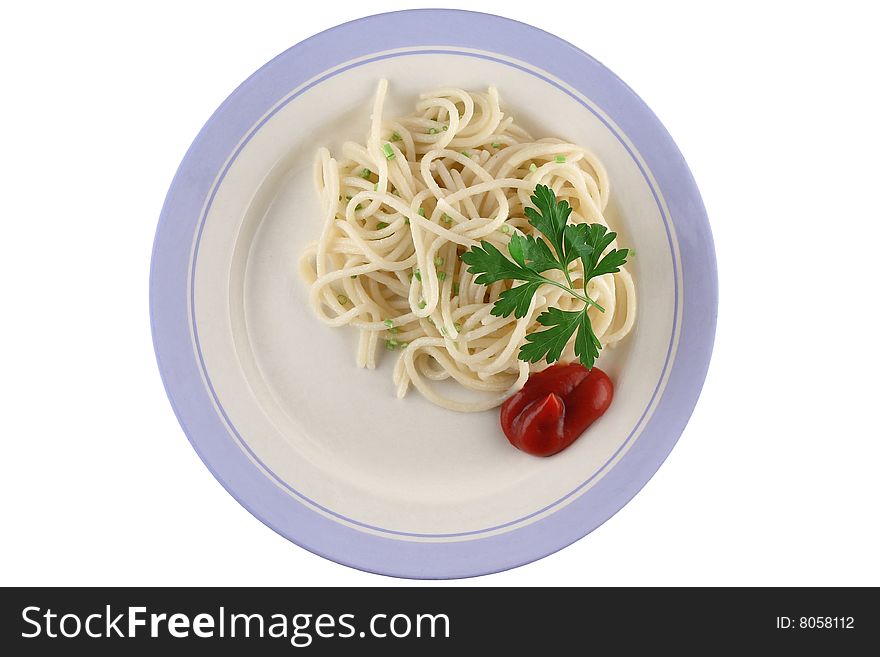 Spaghetti on a dish with parsley and ketchup