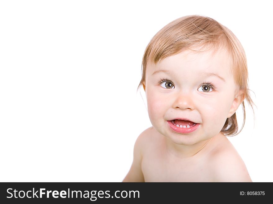 Happy baby girl smiling. over white background. Happy baby girl smiling. over white background