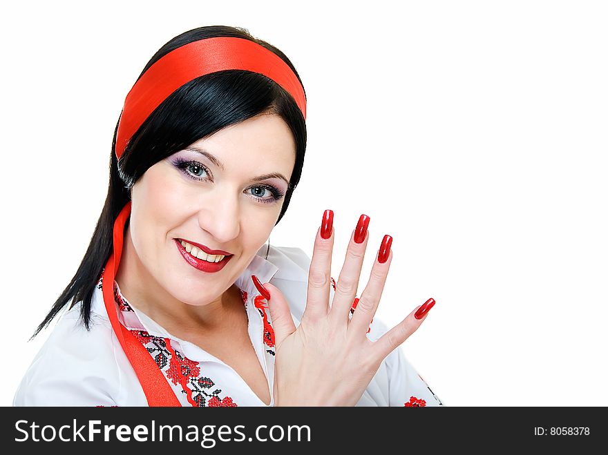 Portrait of pretty ukrainian woman with red manicure. Portrait of pretty ukrainian woman with red manicure