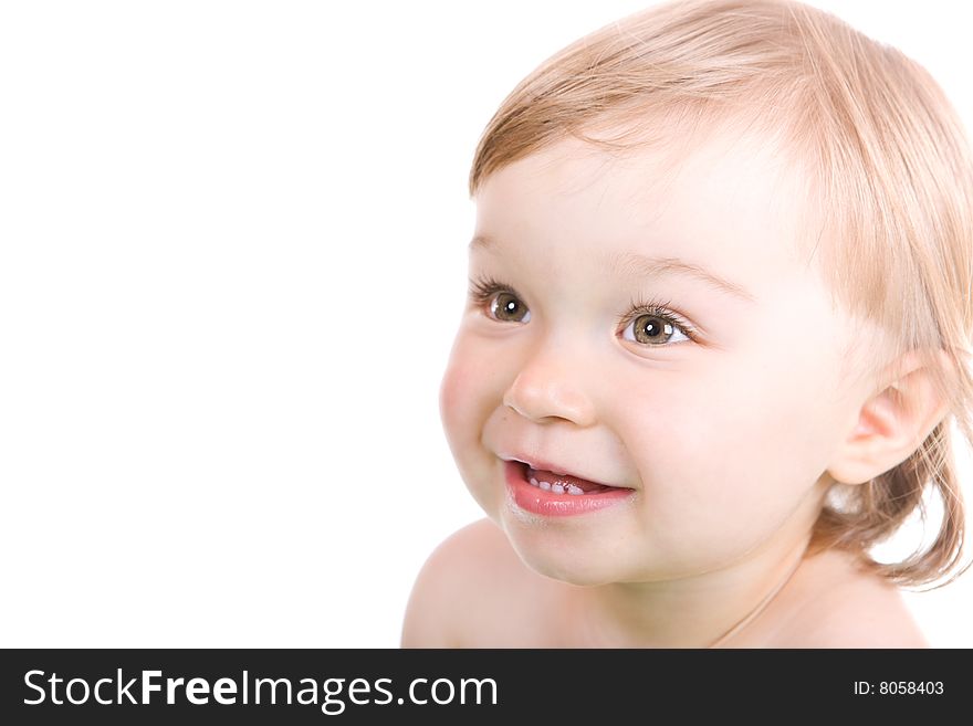 Happy baby girl smiling. over white background. Happy baby girl smiling. over white background