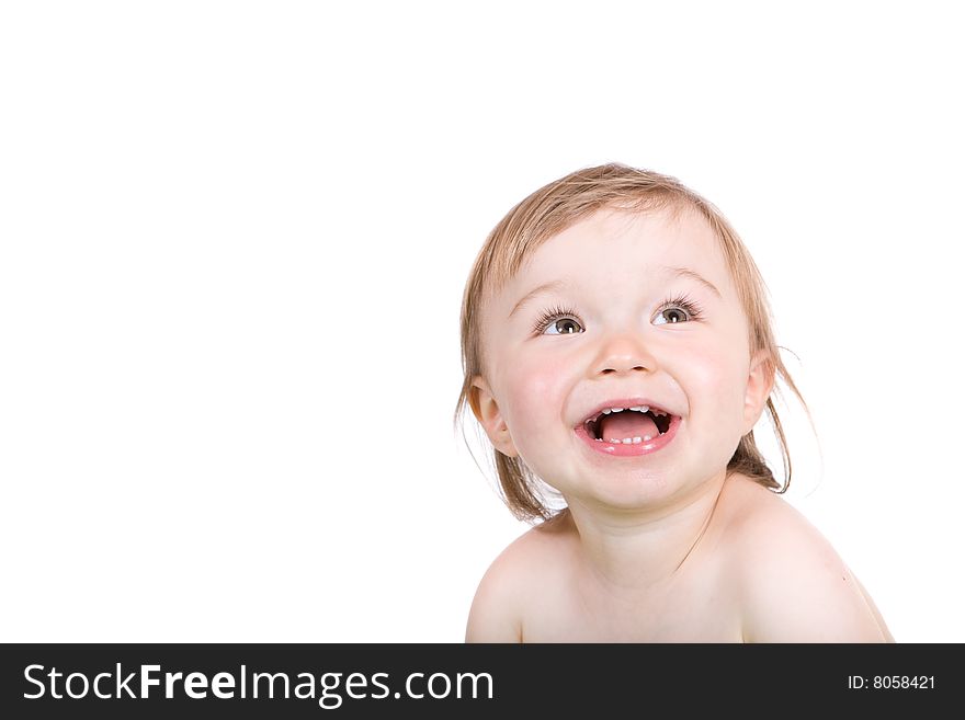 Happy baby girl smiling. over white background. Happy baby girl smiling. over white background