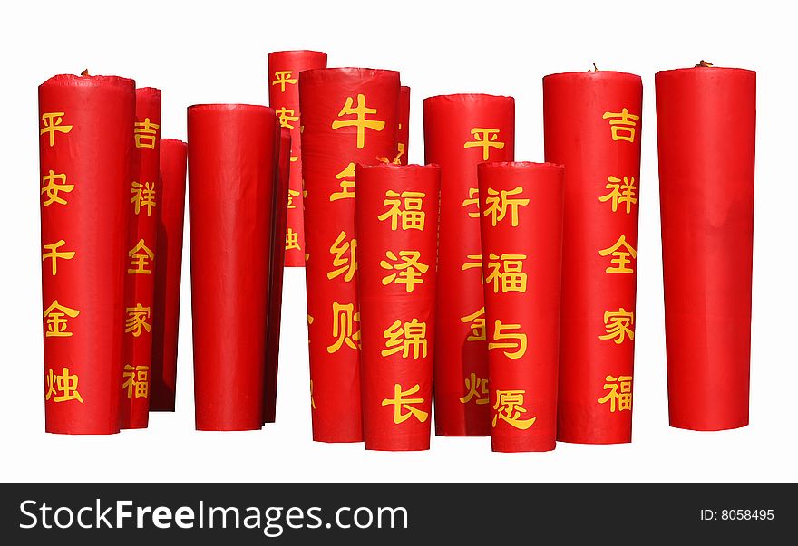 It's a chinese tradition to write best wishes on red candles. those are big ones. It's a chinese tradition to write best wishes on red candles. those are big ones.