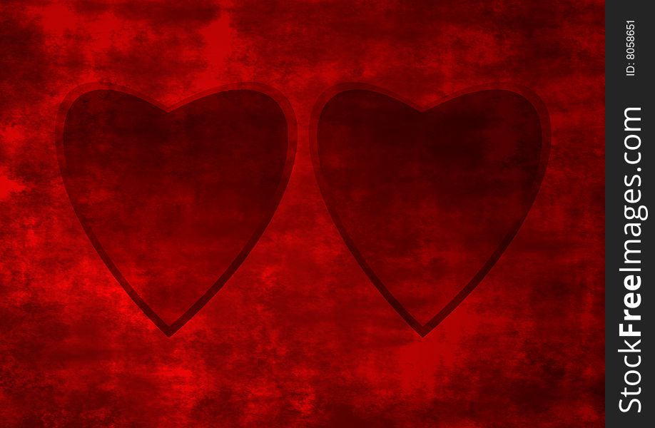 Red grunge background with two hearts for valentines and love concept. Red grunge background with two hearts for valentines and love concept